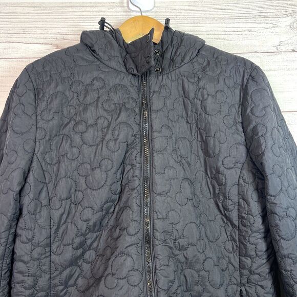 Disney Parks Quilted Jacket Black Embroidered Mickey Icon Hood Ears Full Zip S - Picture 3 of 12
